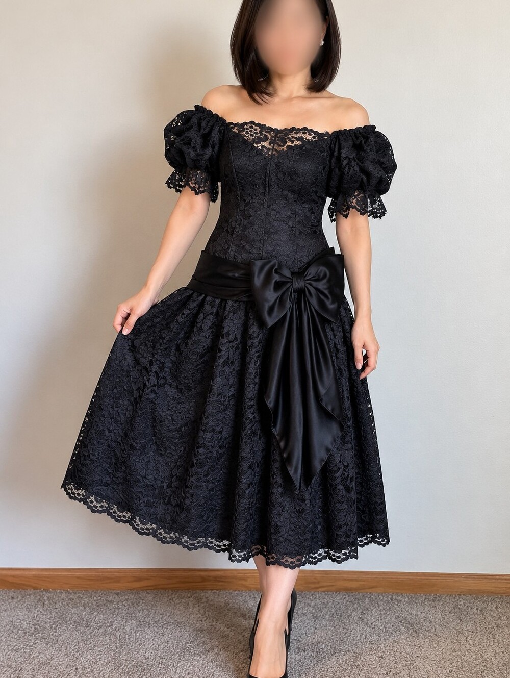 Vintage Black Floral Lace Off Shoulder Puff Sleeve Midi Dress Satin Bow Size 7/8